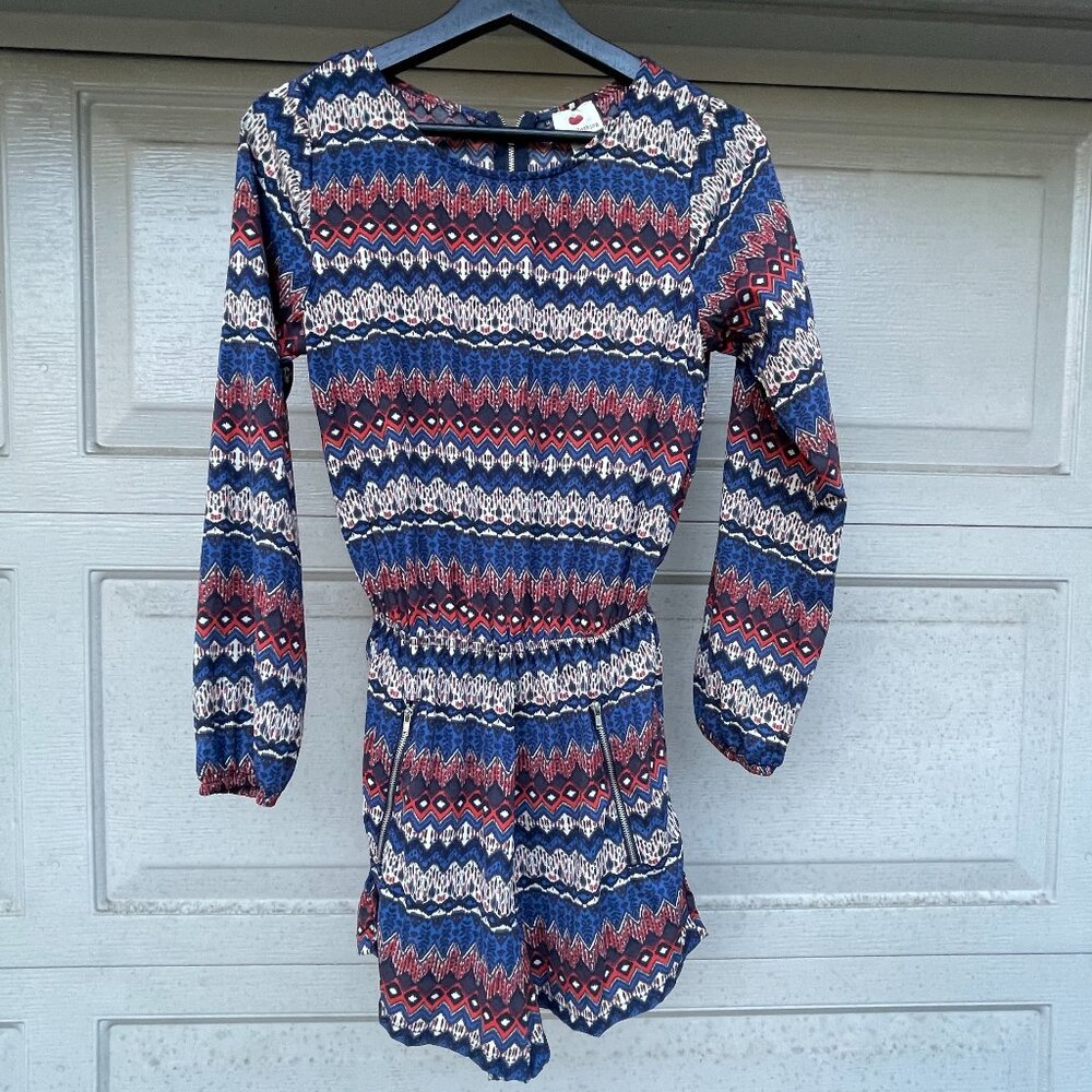 Long Sleeve Romper Boho Geometric XS Blue Orange Festival Tribal One Clothing